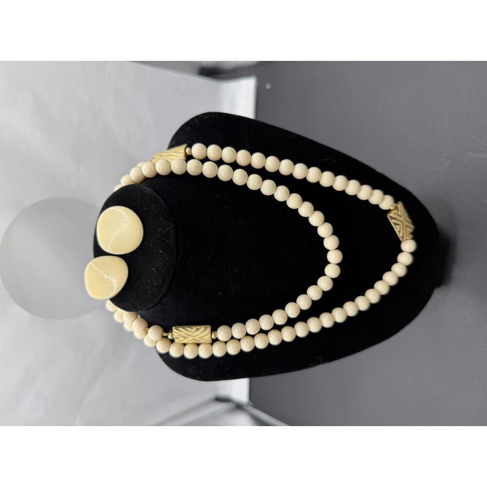 Vintage Napier Cream Beaded Double Strand Necklace with Matching Clip Earrings